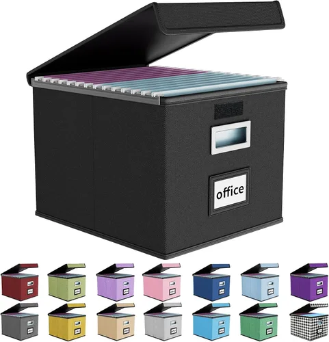 Vista 46 de Caja organizadora de archivos Huolewa con tapa, caja organizadora de carpetas de archivos colgantes de cuero sintético plegable con deslizadores