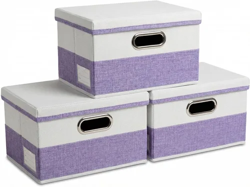 Vista 55 de PRANDOM Contenedores de almacenamiento con tapas [paquete de 3] cajas de almacenamiento plegables de tela de lino, canastas organizadoras, cubos