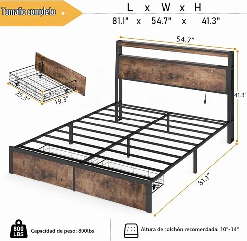 Vista 2 de SADENICEL Base de cama de tamaño matrimonial con almacenamiento, plataforma de cama de madera LED con cabecero, 2 cajones, estación de carga,