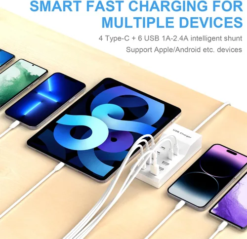 Vista 4 de Estación de carga USB para múltiples dispositivos, cargador de pared USB, tira de concentrador de energía, enchufe inteligente, bloque de carga, 4