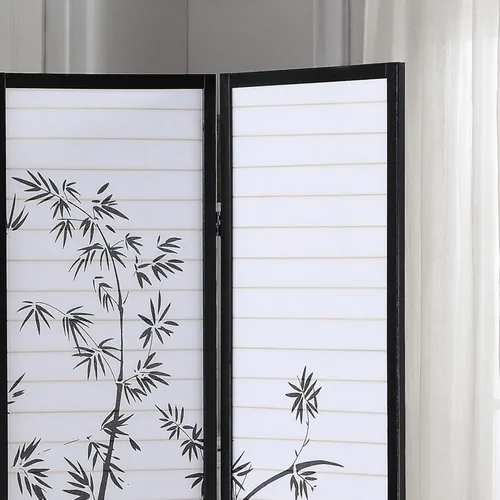 Vista 5 de Roundhill Bamboo Print Biombo/Divisor de Habitación Enmarcado de 4 Paneles, negro