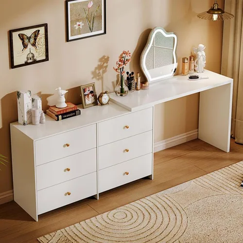 Vista 10 de Moderna mesa de tocador de maquillaje de esquina con espejo LED y 6 cajones espaciosos, tocador retráctil para gabinete, escritorio para computadora
