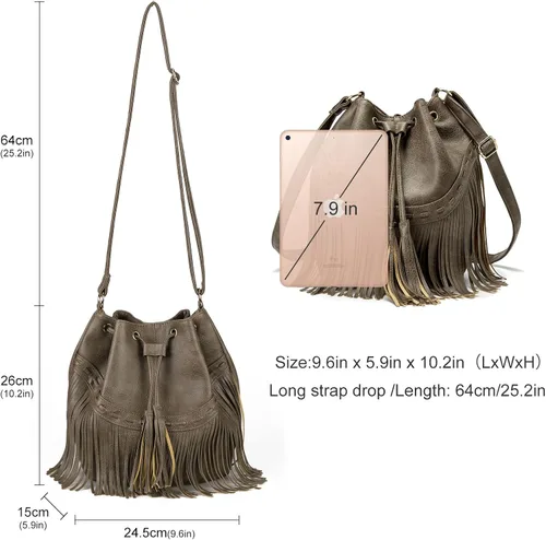 Vista 2 de Bolsos de cuero para mujer, bolsos cruzados con flecos con cordón para mujer, borla y bolsos de hombro