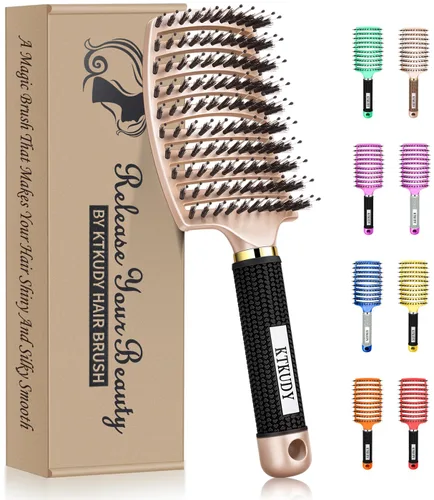 Vista 20 de KTKUDY Cepillo para desenredar con cerdas de jabalí, cepillo para hacer el cabello más brillante y saludable, cepillo desenredante curvo y ventilado