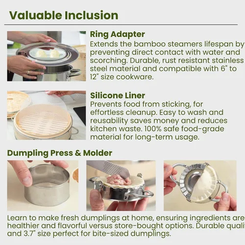 Vista 7 de Dumpling - Vaporera de Bambú de 10 Pulgadas, Canasta de Madera de 2 Niveles con Mango, Adaptador de Anillo, Forro de Silicona Reutilizable, Kit