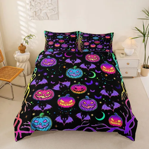 Vista 30 de Juego de ropa de cama de Halloween, funda de edredón gótica de murciélagos negros con telarañas, funda de edredón individual, diseño de arañas