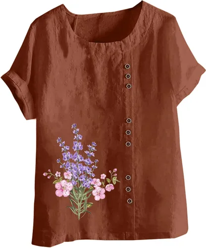 Vista 4 de Blusas casuales de verano para mujer, blusas con estampado gráfico floral, estilo vintage, cómoda, de algodón y lino
