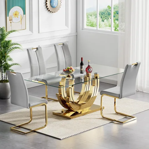 Vista 19 de Juego de mesa de comedor de cristal dorado moderno de 70 pulgadas para 4, juego de mesa rectangular de 5 piezas con base de acero en forma de anillo