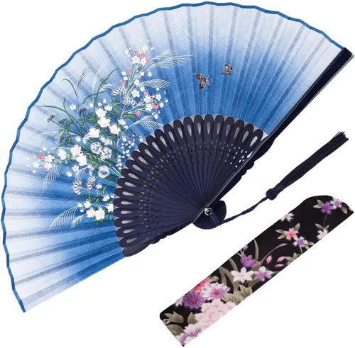 Vista 10 de JOHOUSE Abanico de mano plegable de tela negra con borla y funda – Elegante abanico plegable de mano para mujeres, abanicos de boda para invitados
