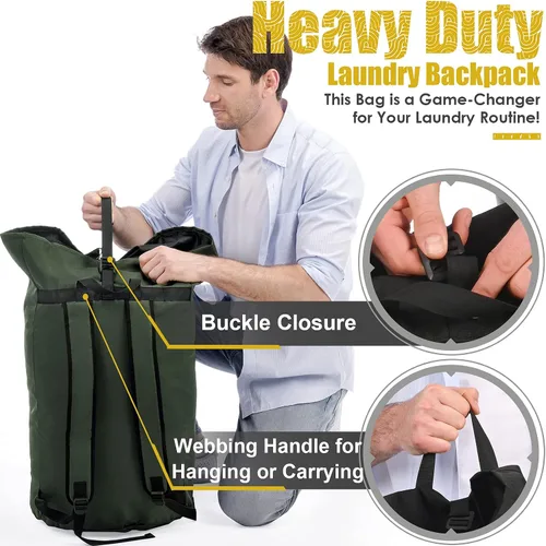 Vista 5 de Mochila para lavandería, 115L, resistente, extra grande, bolsa de ropa sucia con correas para el hombro, bolsa de ropa sucia con cierre de cordón
