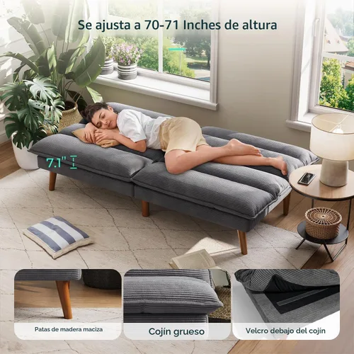 Vista 5 de LINSY HOME Sofá cama futón de 71 pulgadas, sofá futón de pana con respaldo ajustable de 3 posiciones, sofá cama convertible de dos plazas, sofás
