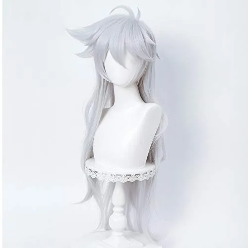 Vista 3 de Peluca blanca plateada para maquinilla de afeitar Cosplay Anime larga en capas con flequillo para fiesta de Halloween + gorra..