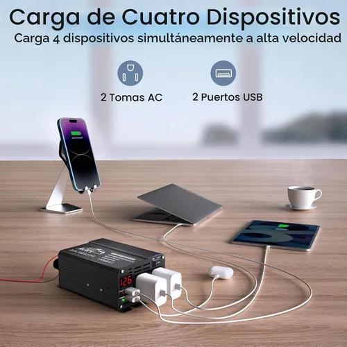 Vista 2 de Inversor de corriente para automóvil de 400 W, CC 12 V a 110 V CA, adaptador de enchufe de automóvil con toma y pantalla digital/puertos de carga
