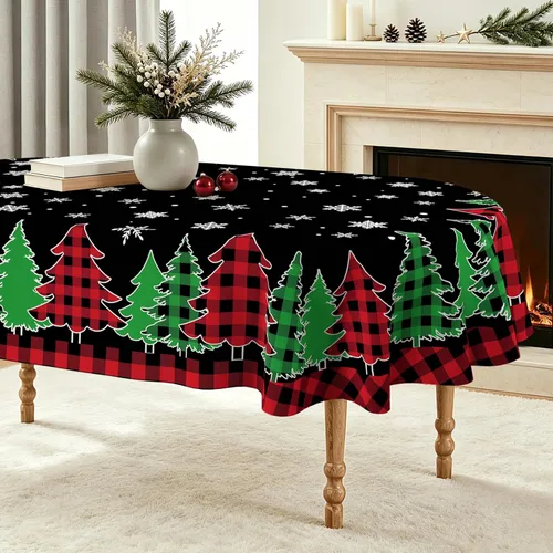 Vista 16 de pinata Manteles de Navidad de 52 x 70 pulgadas, mantel rectangular con diseño de árboles de Navidad, diseño de búfalo negro, a cuadros, oblongos