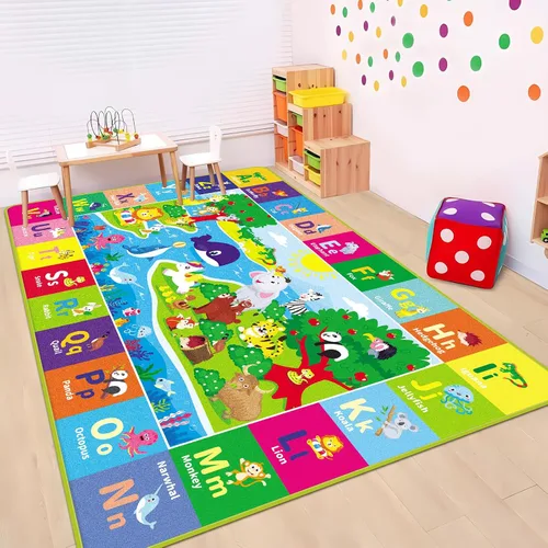 Vista 3 de Alfombra infantil de 5 x 7 pies para sala de juegos, alfombra de juegos con ABC y animales, alfombra antideslizante súper suave para suelo, tapete