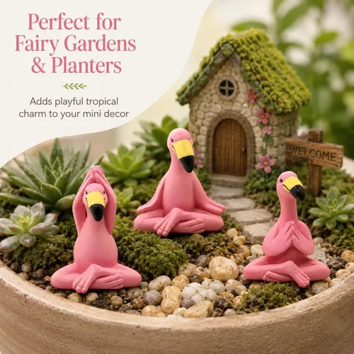Vista 6 de Goodeco Mini figuras de flamenco de yoga de 2.4 pulgadas, pequeños regalos caprichosos Kawaii Pink Flamingo Decoración de escritorio, juego de 3
