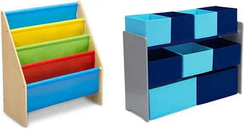 Vista 8 de Estantería para libros y juguetes Delta Children, en color gris/azul y organizador de juguetes Spider Man con contenedores de madera de ingeniería