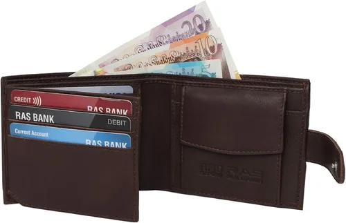 Vista 6 de ras Mens Soft Brown Smooth piel auténtica cartera con ID y la moneda bolsillo