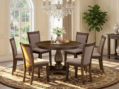 Vista 3 de East West Furniture F2MZ7-748 - Juego de mesa y sillas de cocina de 7 piezas que consta de una mesa redonda de comedor con pedestal y 6 sillas