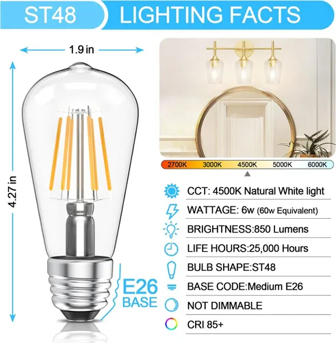 Vista 6 de Ralbay Bombillas LED Edison ST48 vintage equivalentes a 60 vatios, paquete de 6, luz blanca natural brillante de 4500 K, bombillas de filamento LED