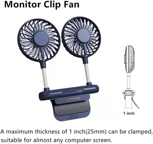 Vista 3 de Ventilador de escritorio, ventilador de clip para monitor con 2 cabezales de ventilador, ventilador de escritorio de oficina de 3 velocidades