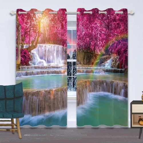Vista 12 de Renaiss Cortinas opacas con cascada, diseño de bosque profundo, con aislamiento térmico, para dormitorio, árboles, estanques, piedras, para sala