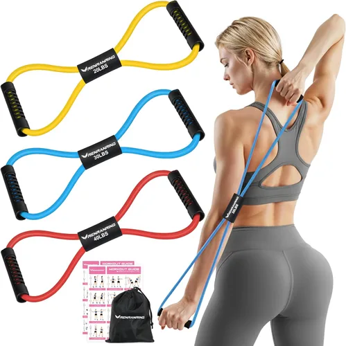Vista 12 de RENRANRING Bandas de Resistencia de Fitness en Forma de 8 con Asas - Juego de 3 Bandas de Tubo de Ejercicio para Estiramiento de Brazos y Hombros