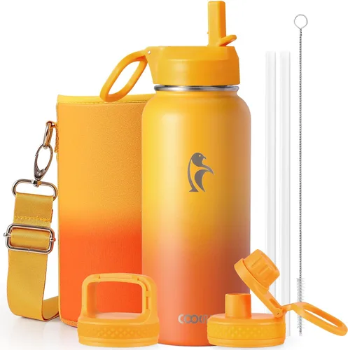 Vista 58 de Coolflask Botella de agua de 20 onzas aislada con pajilla, 3 tapas de metal de acero inoxidable, botella de agua de boca ancha para deportes u