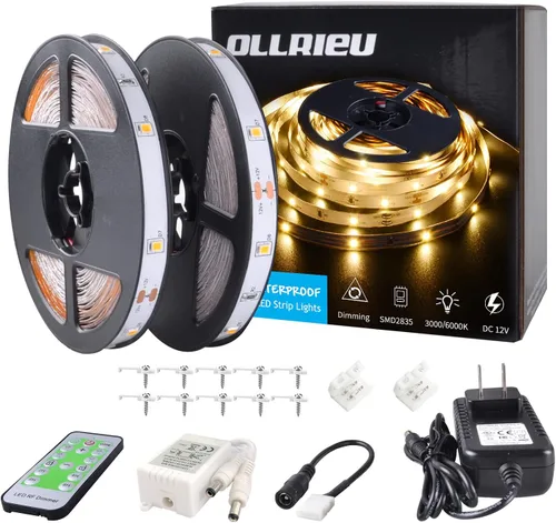 Vista 8 de Tira de luces LED blancas de 10 pies, cinta regulable de 12 V con control remoto infrarrojo, luz de cinta adhesiva SMD 2835, conectable, cortable