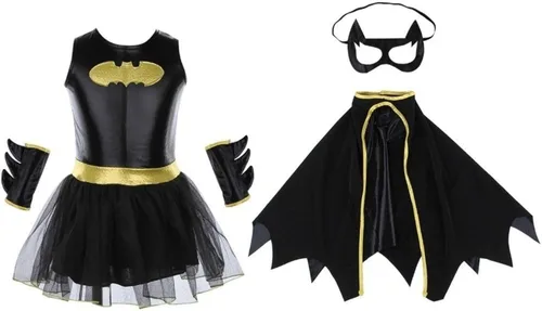 Vista 2 de Disfraz de murciélago para niñas, capa de murciélago de superhéroe, capa negra, disfraz de cosplay de Halloween, conjunto completo