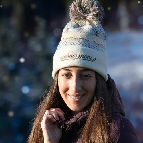Vista 4 de ChalkTalkSPORTS Hockey Mom Knitted Beanie Hat Hockey Mom Pom Beanies