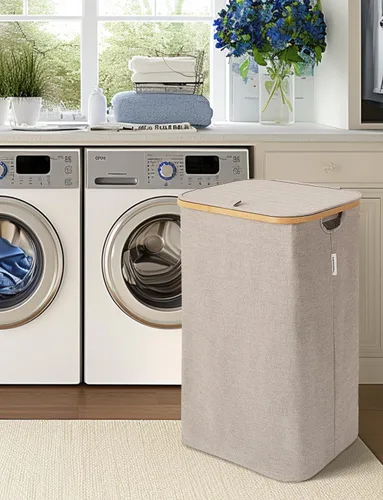 Vista 7 de StorageWorks Cesta grande para ropa sucia de 100 litros con tapa, cesta alta para ropa con asas de bambú y 2 bolsas interiores extraíbles, cestas