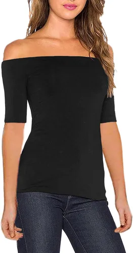 Vista 2 de Sarin Mathews Blusa sexy con hombros descubiertos para mujer, manga larga, ajustada, elástica, blusa