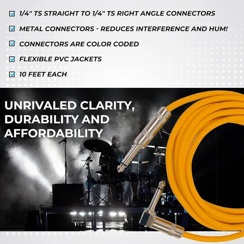 Vista 7 de Seismic Audio Cables de guitarra para altavoces, cables de guitarra de ángulo recto a recto, multicolor, 10 pies, paquete de 6