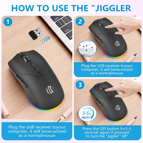Vista 4 de Ratón inalámbrico, mouse recargable Bluetooth, modo dual BT 5.2 + 2.4G USB silencioso inalámbrico Bluetooth, diseño ergonómico RGB, mouse DPI