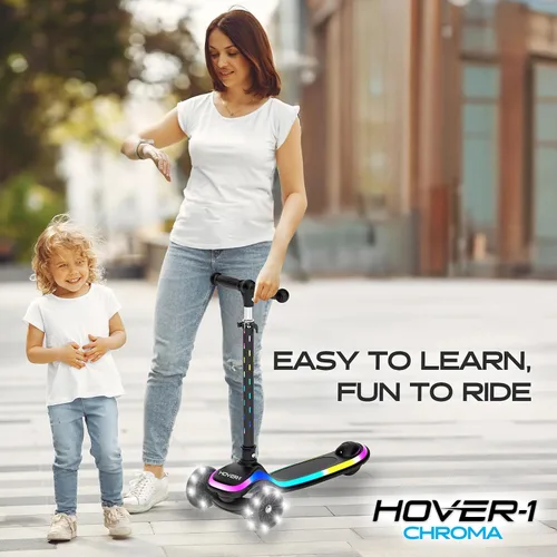Vista 4 de Hover-1 Chroma Folding Kick Scooter for Kids with Multicolor Wheel Lights, 3” Front Wheels, Rear Foot Brake, and 110 LB Weight Capacity Negro
