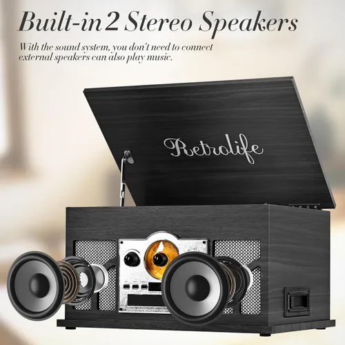 Vista 5 de Tocadiscos 10 en 1 con altavoces incorporados, reproducción inalámbrica, reproductor de CD y cassette, reproductor USB, radio AM/FM, tocadiscos de 3