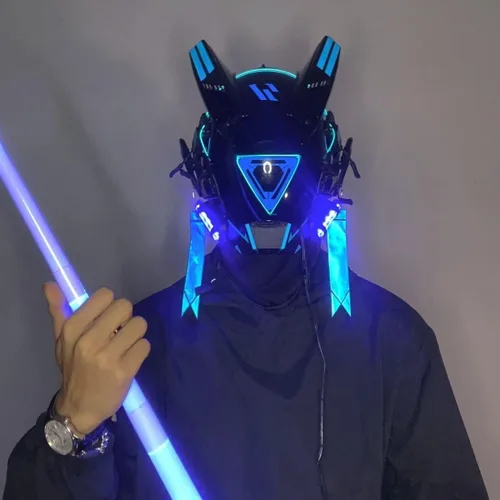Vista 2 de Cyberpunk - Máscara de ciencia ficción, ropa técnica futurista, disfraz de Halloween, máscara LED, máscara de caballero negro