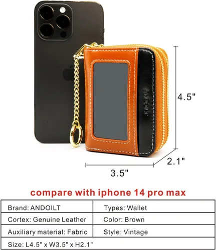 Vista 2 de ANDOILT Cartera pequeña de piel auténtica para mujeres y hombres, bloqueo RFID, con doble cremallera, acordeón, tarjetero y llavero, L1 marrón