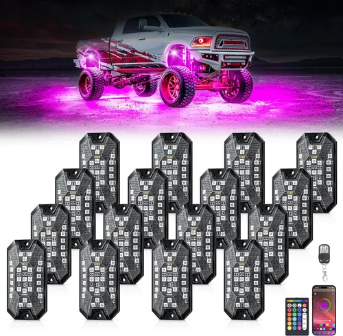 Vista 9 de Luces RGB para Rocas, 8 pods Kits de Luces Underglow de Neón, Control Remoto APP/RF y Modo Musical, Lámparas Inalámbricas Impermeables Multicolor