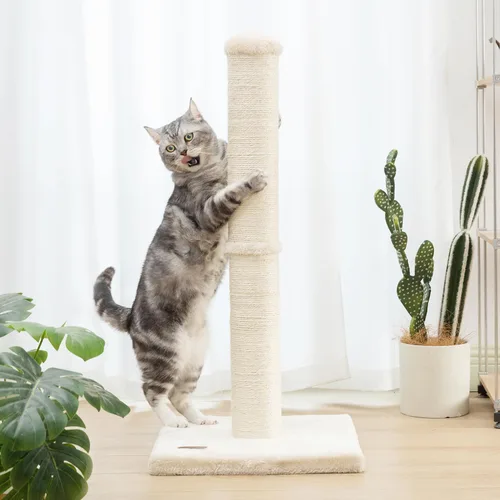 Vista 4 de Karolpar Poste rascador para gatos de 34 pulgadas con cuerda de sisal natural, 4.3 pulgadas de diámetro grande, árbol rascador para gatos de Beige