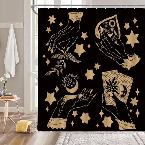 Vista 4 de GCTNBJL Cortina de ducha de bruja, diseño de palmistría, espeluznante Ouija, sol, luna, hojas de mano, estrella, bohemio, tarot, magia, alquimia