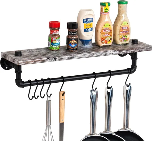 Vista 8 de MyGift Urban Industrial - Estante flotante de cocina de madera maciza quemada con soportes de metal negro para ollas y sartenes con 12 ganchos en S
