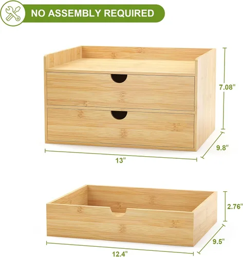 Vista 3 de Organizador de cajones de escritorio de bambú, organizador de escritorio grande con cajones, caja de organización de almacenamiento de mesa para 2