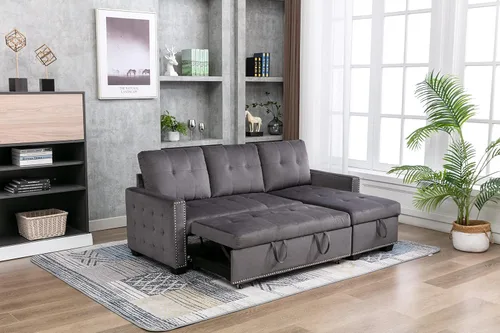 Vista 7 de Sofá cama modular reversible de 77 pulgadas, en forma de L, 2 asientos, con almacenamiento, tela de terciopelo con sensación de piel, color gris