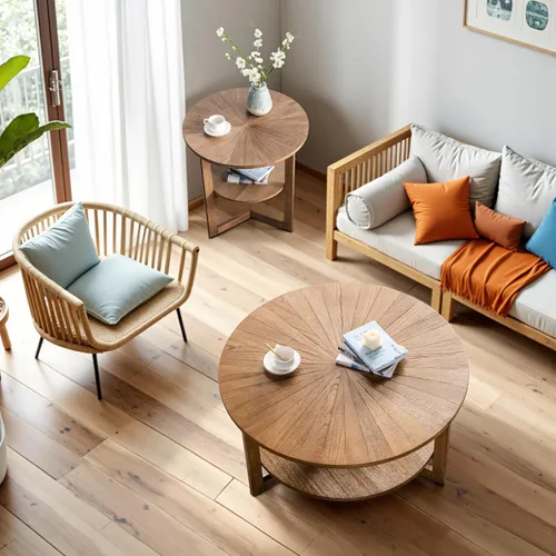 Vista 3 de Mesa de café redonda, mesa de café circular de madera de 35" con estante de almacenamiento, mesa central de 2 niveles para sala de estar