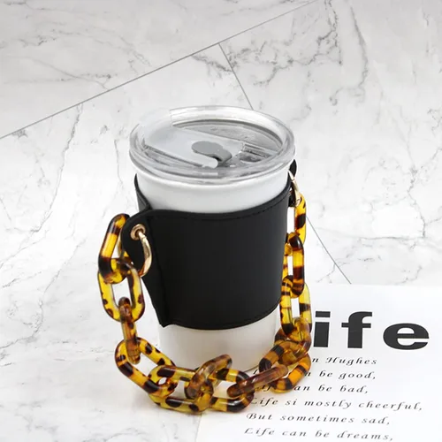 Vista 11 de Soporte de cuero de lujo para bebidas con mango de bebidas, soporte reutilizable para tazas de café de viaje, soporte de taza de cadena de metal