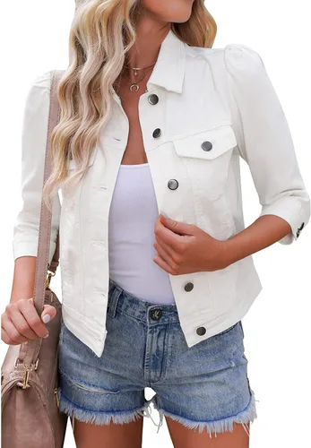 Vista 13 de Vetinee Chaqueta de mezclilla recortada para mujer, elástica, manga abombada 3/4, con bolsillos Azure Mood