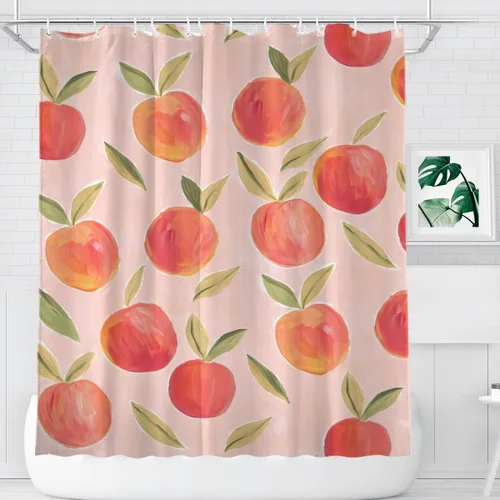 Vista 8 de KOMIKU Juego de cortina de ducha estética de frutas con diseño floral de cereza rosa, decoración de baño de frutas de verano, de poliéster, lona