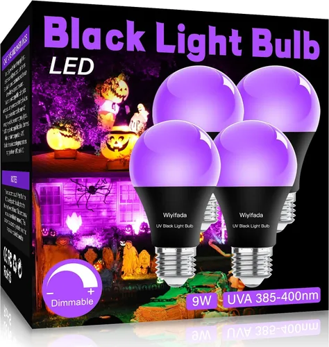 Vista 8 de Paquete de 2 bombillas LED negras, A19 de 9 W, luz negra UV que reemplaza hasta 100 W, 120 V, base E26, nivel UVA 385-400 nm, brilla en la oscuridad